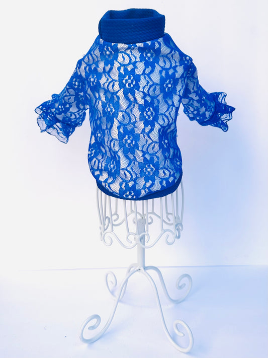 Satin Backed Royal Blue Lace Long Sleeve Shirt with Pearl Accents