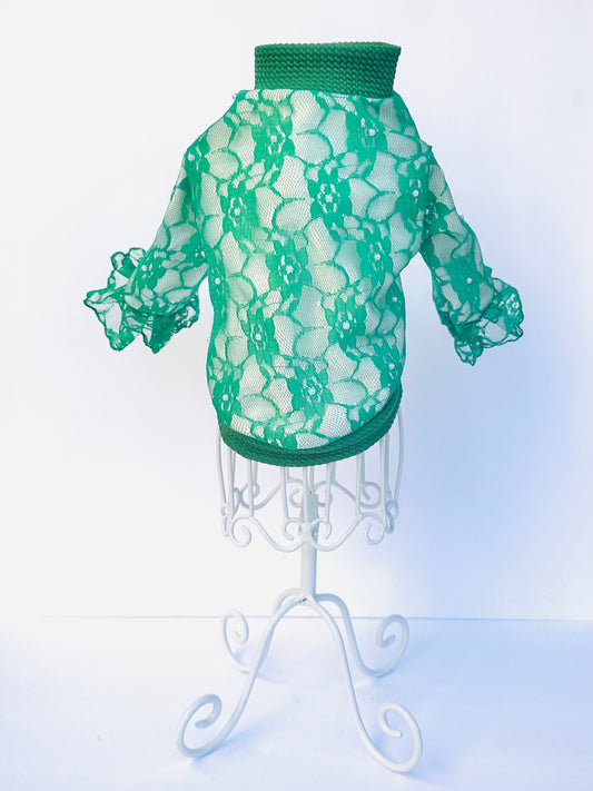 Satin Backed Evergreen Lace Long Sleeve Shirt with Pearl Accents