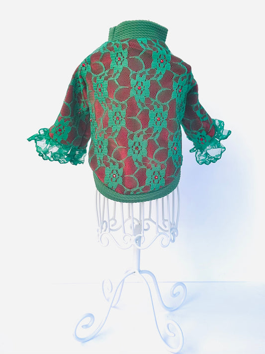 Red Velvet backed Evergreen Lace Long Sleeve Shirt with Red Rhinestone Accents