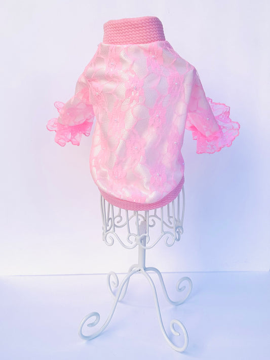 Satin Backed Medium Pink Lace Long Sleeve Shirt with Pearl Accents